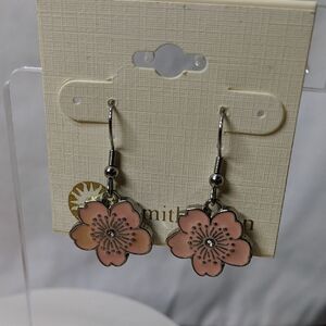 Vintage Cherry Blossom Earrings, Silver-tone French Hook, Pink Enamel Rhinestone